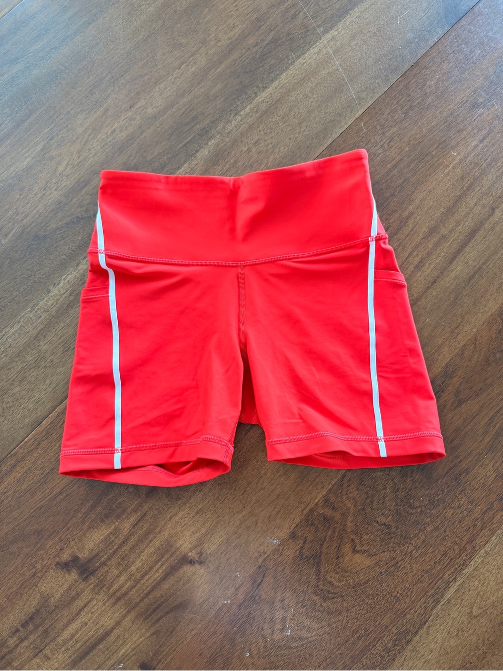 Athleta Red High-Rise Bike Shorts with White Trim